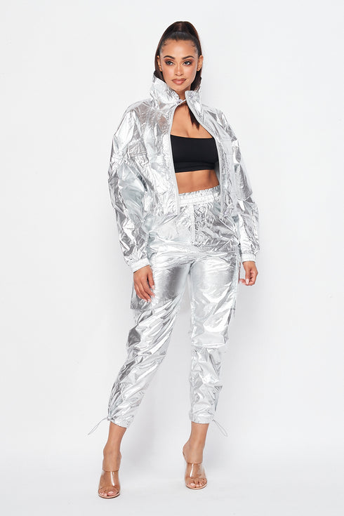 Metallic Pullover Tracksuit Pants Set - Silver - SohoGirl.com